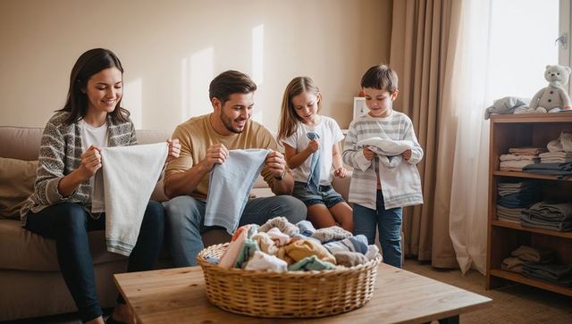 Young family folding laundry together in sunlit living room, cozy home chore moment