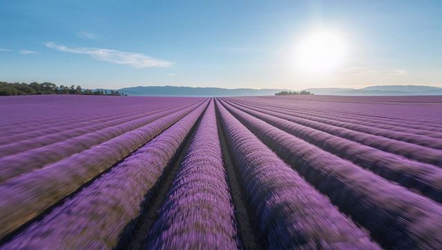 Sunlit lavender rows stretching toward horizon under clear blue sky at golden hour