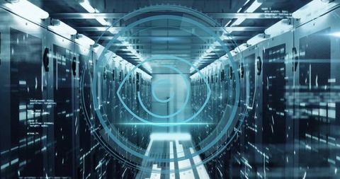 Futuristic digital technology center with server racks