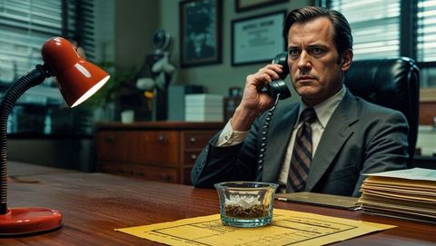 Business professional amid criminal record documents while on office telephone in vintage setting