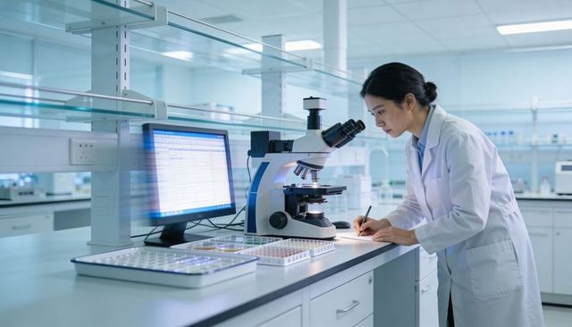 Researcher examining microscope samples while recording data in modern laboratory