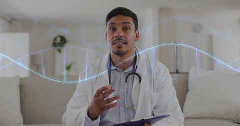Doctor consulting from home with dna hologram overlay for telemedicine and genomics testing