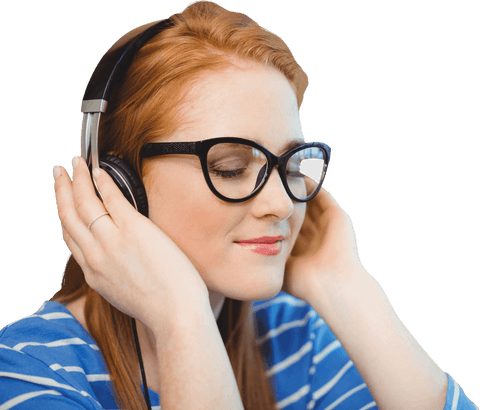Redhead Woman in Glasses Enjoying Music with Headphones Transparent Background - Download Free Stock Videos Pikwizard.com