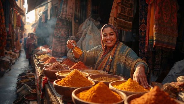 Smiling vendor scooping turmeric at colorful spice market in narrow sunlit bazaar