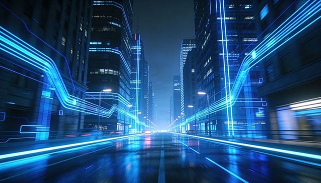 Streaming neon blue light trails racing through futuristic wet city street at night