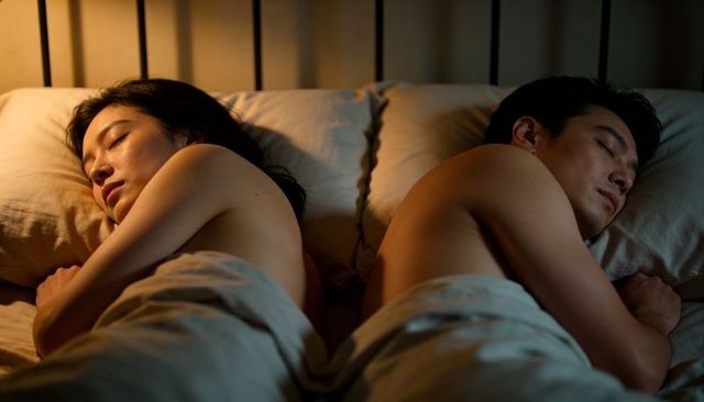 Couple sleeping back-to-back under beige sheets in dim cozy bedroom