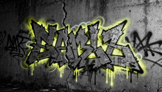 Neon Halo Graffiti Mural on Cracked Concrete Wall with Drips, Urban Texture, Moody Glow