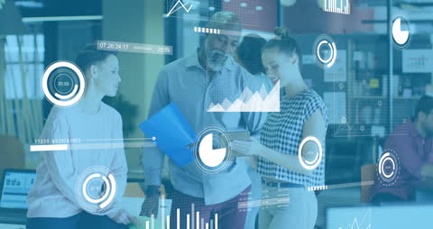 Diverse Coworkers Analyzing Data with Digital Graphs Overlay