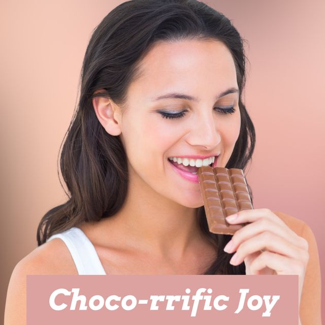 Composite of choco-rrific joy text over happy caucasian young woman eating chocolate bar. Copy space, world chocolate day, sweet food, temptation, indulgence and celebration concept.