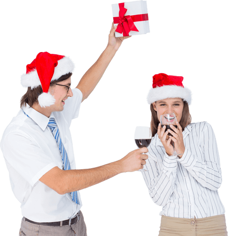 Geeky Couple Celebrating Holiday with Wine and Gift, Transparent Background