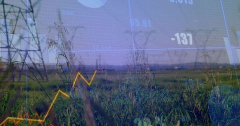 Power Lines Over Farmland Merging with Financial Charts for Energy and Agriculture Market Insight