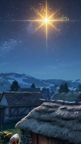Vertical video of golden star rising above medieval thatched cottage with grazing sheep