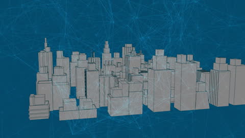 Digital Cityscape with Network Connection Overlay on Blue Background