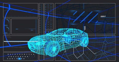 Futuristic Wireframe Car Model in Virtual Interface