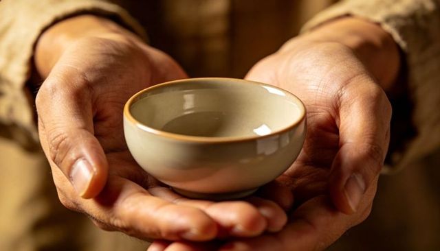 Cradling ceramic bowl with clear liquid, hands wearing knitted sleeve, warm closeup