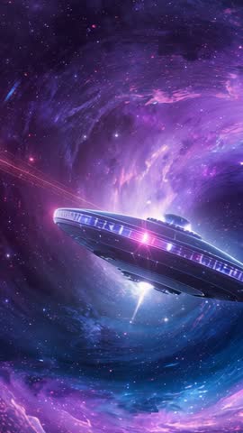 Vertical sci-fi video: UFO drifting into purple-blue nebula while shooting energy beam