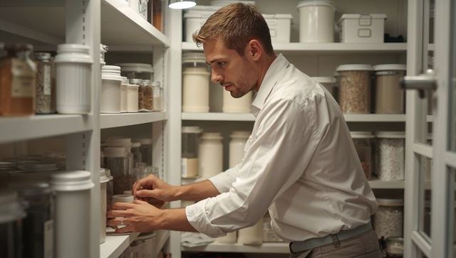 Man carefully organizing pantry shelves, reaching for labeled jar in neat home storage