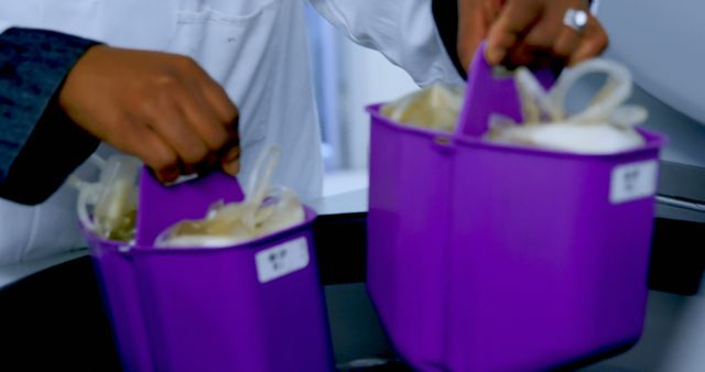 Scientist Handling Laboratory Equipment in Purple Containers - Download Free Stock Images Pikwizard.com