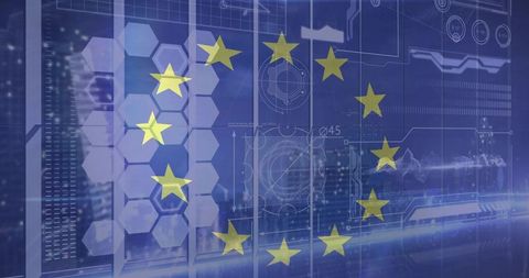 European union digital sovereignty: futuristic eu stars overlay on smart city blueprint