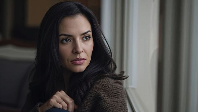 Contemplative woman gazing out window wearing brown knit sweater showing ring on left hand