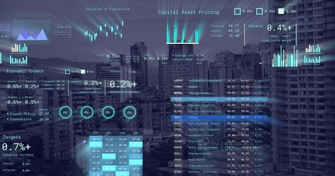 Futuristic Financial Data Overlay on Cityscape - Download Free Stock Images Pikwizard.com