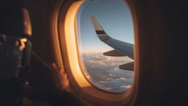Passenger Capturing Golden-Hour Sunrise from Airplane Window with Winglet Over Clouds