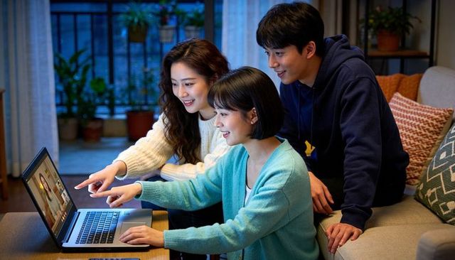 Three friends pointing at laptop and enjoying video call on cozy living room sofa
