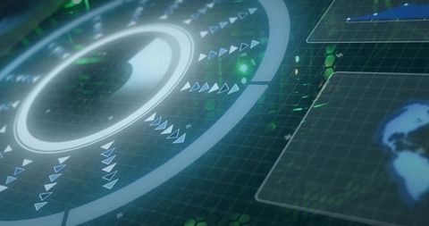 Futuristic HUD interface projecting circular data rings and globe on neon grid dashboard