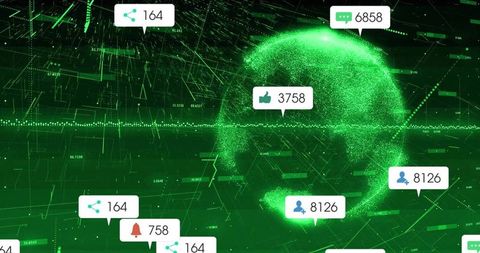 Green globe visualizing global data network with social metrics and analytics ui