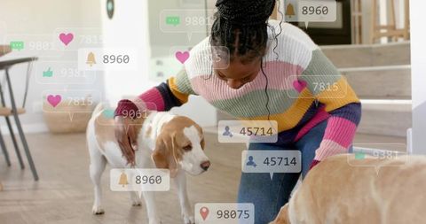 Woman petting beagle and second dog with social media notifications overlay in cozy home