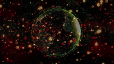 Abstract Digital Globe with Dynamic Red and Gold Light Nodes