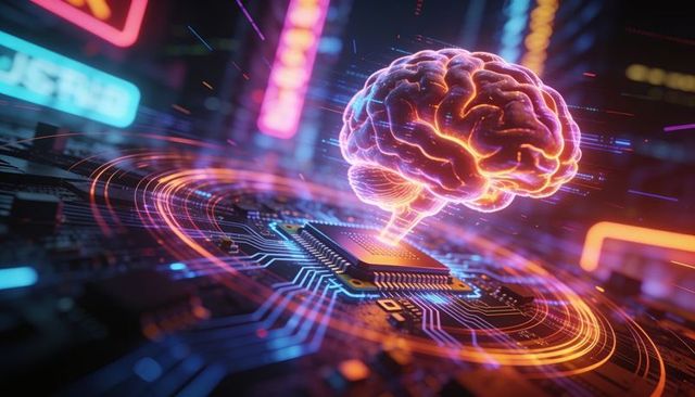 Neon brain hologram hovering above processor, pulsing data streams across futuristic circuit board