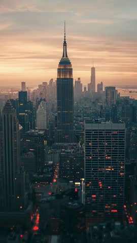Vertical Sunset Centering Empire State Building with Glowing Windows over Midtown Skyline