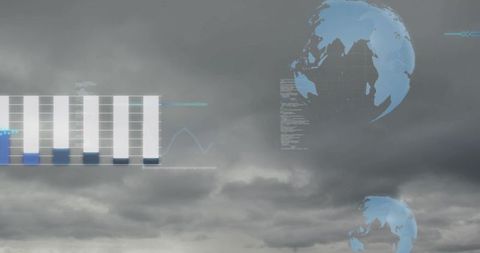 Global digital data visualization unfolding beneath cloudy skies