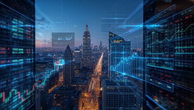 Empire State Building and Digital Stock Charts at Dusk