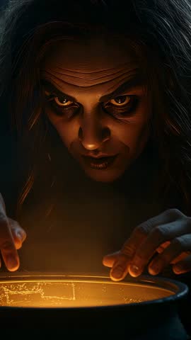Sorceress Placing Hands Over Glowing Cauldron Drawing Arcane Energy in Dark Cave