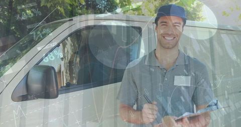 Happy Delivery Man Holding Clipboard with Overlay of Financial Graphs
