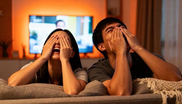 Young couple laughing and covering faces while watching tv on cozy sofa during evening