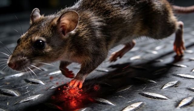 Brown Rat Stepping on Glowing Virus Particle on Industrial Diamond Plate Metal Surface