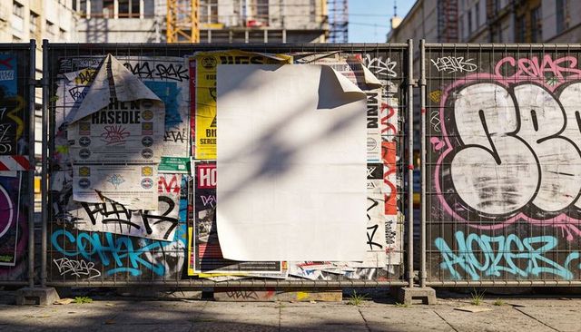 Blank poster curling on graffiti-covered metal fence at sunlit urban construction site