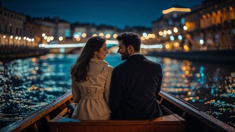 Romantic lovers evening canal ride with city lights reflections