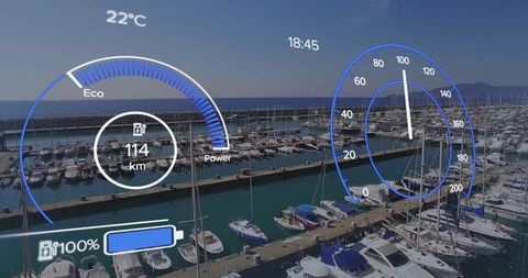 Digital Dashboard HUD Overlay on Scenic Marina Boat Dock - Download Free Stock Images Pikwizard.com