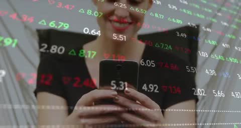 Smiling Woman Checking Stock Market Updates on Smartphone