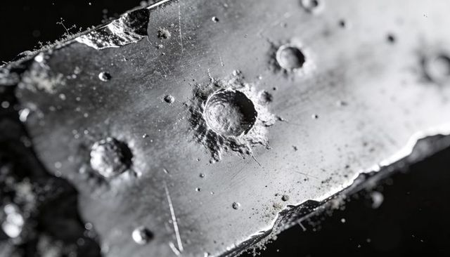 Macro metal impact crater on torn edge strip with pits and scratches monochrome texture