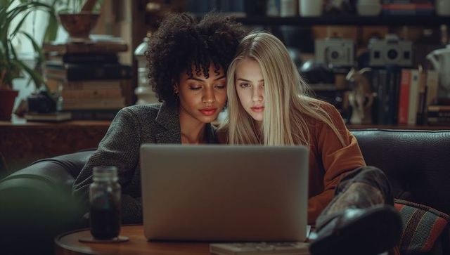 Two women collaborating on laptop in cozy home library
