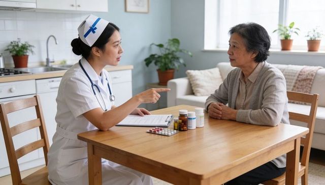 Nurse explaining medication to elderly woman at kitchen table with pill bottles