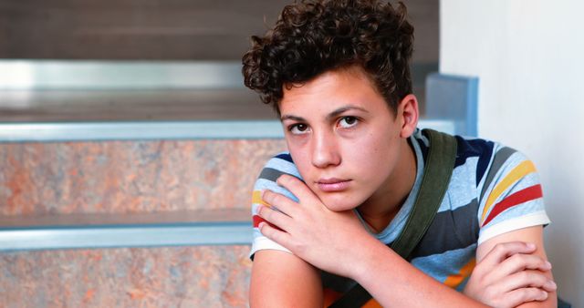 Teenage boy with curly hair sitting on stairs, wearing colorful striped shirt, looking thoughtful and serious. Perfect for use in articles or advertisements about youth, growing up, education, and adolescence.