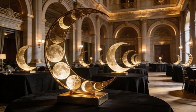 Glowing lunar crescent centerpiece illuminated moon discs in opulent marble banquet hall