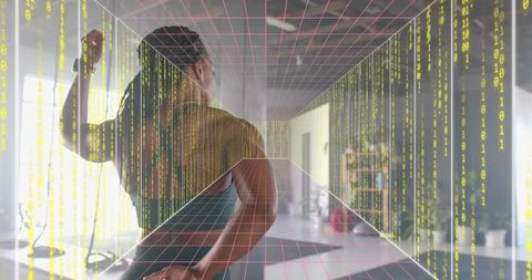 Woman stretching and pulling resistance band in augmented reality tunnel at home gym