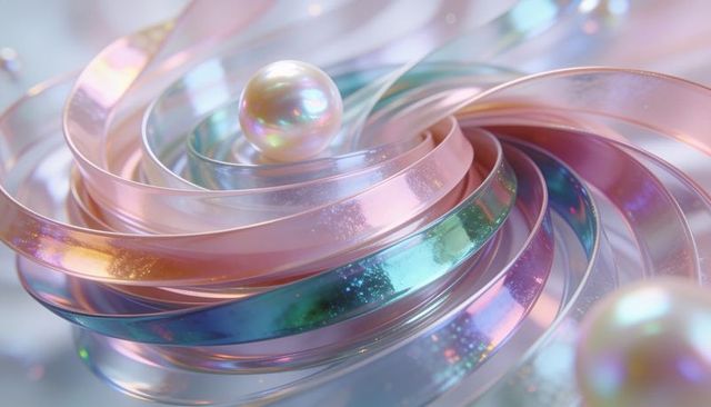 Shimmering iridescent ribbon spiral reflecting pastel light with pearls and glitter macro